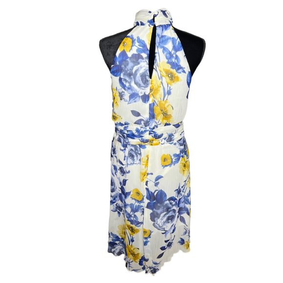 Enfocus Studio Dress Womens 10 Blue Yellow Sleeveless High Neck Floral Fit Flare - Picture 6 of 16